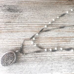 Silver and Faux Pearl Double Chain w Locket